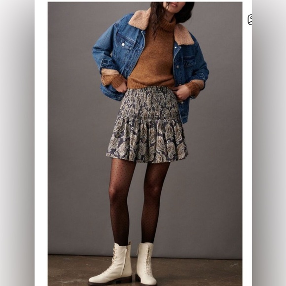 Anthropologie Eula Pintucked Skirt Paisley Black White ochre mini  XS - Picture 3 of 8